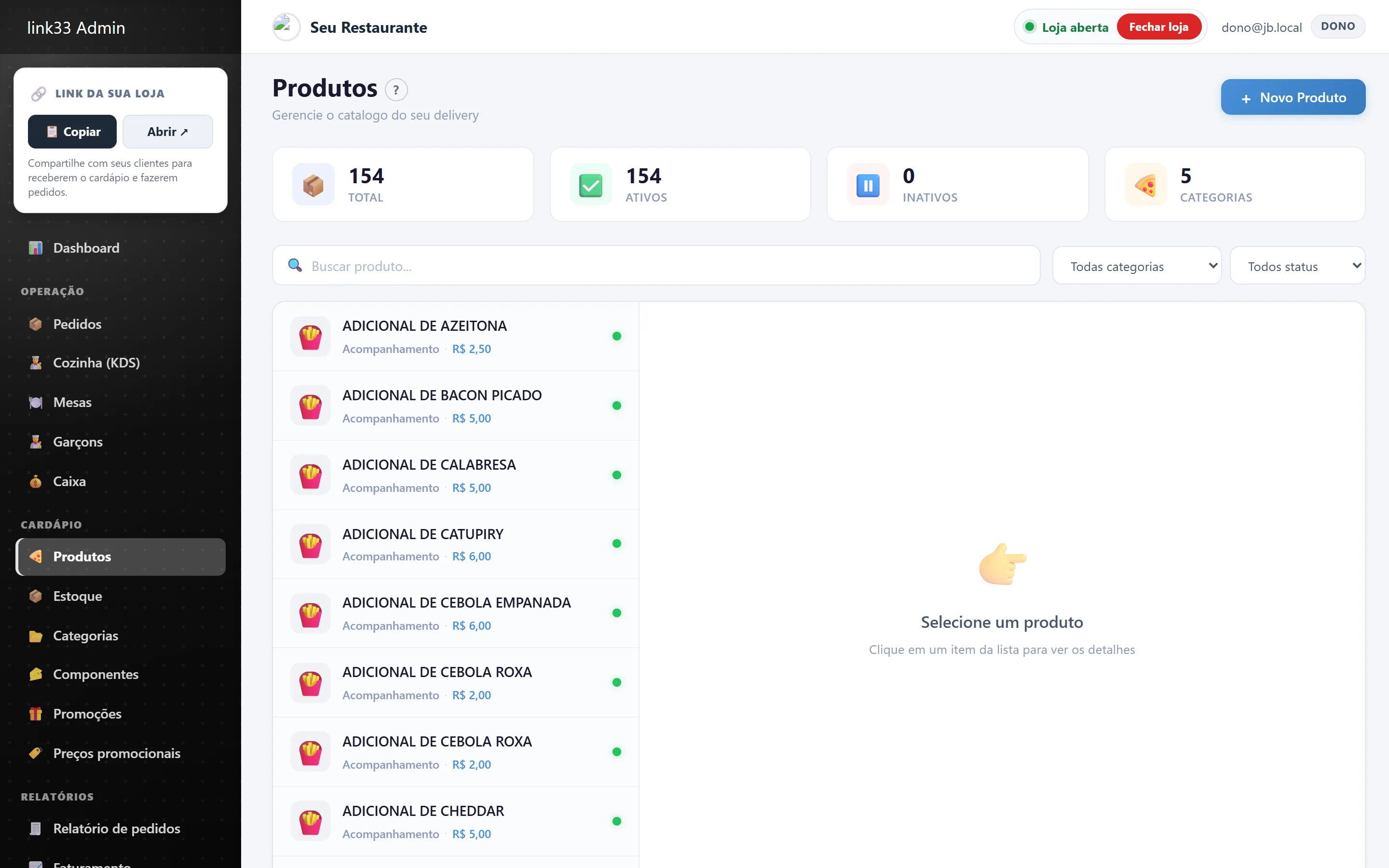 Gestão de produtos do cardápio