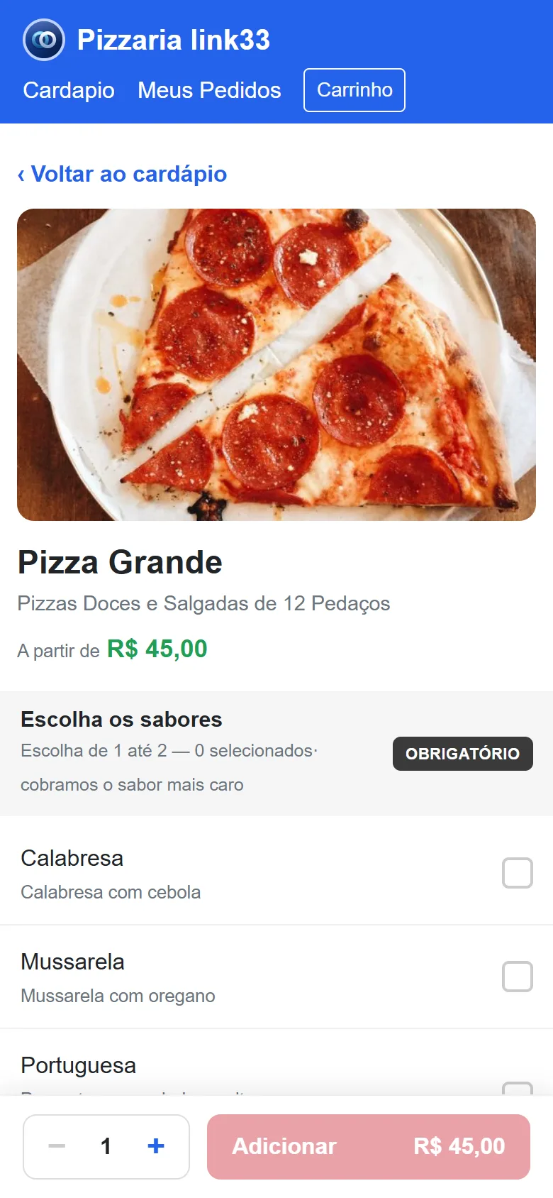 Montagem de pizza meia a meia com escolha de sabores